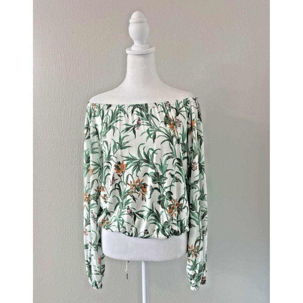 Anthropologie Top Blouse Women Size S White Floral Jersey Knit Long Sleeve Bird